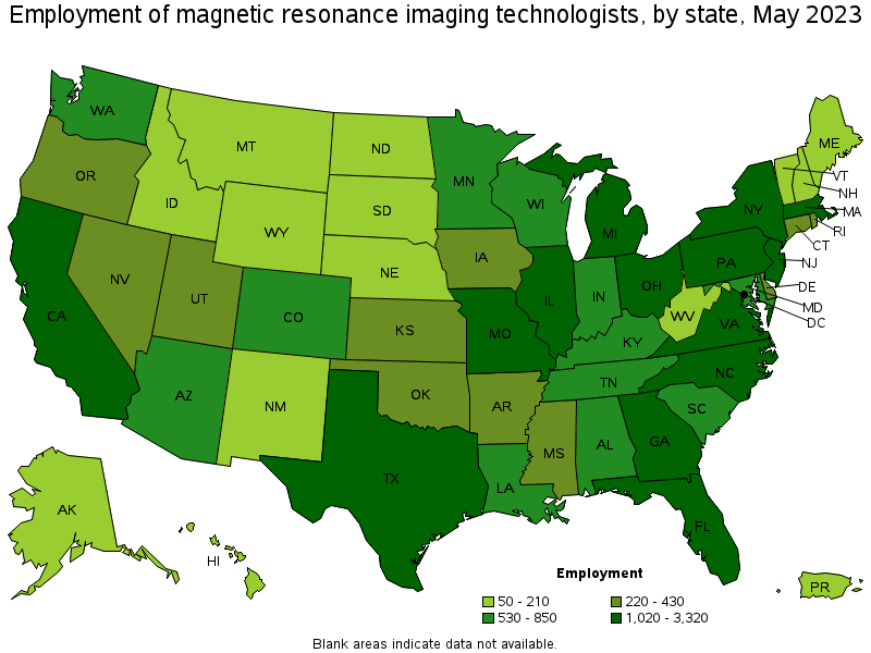 Map of employment of magnetic resonance imaging technologists by state, May 2022