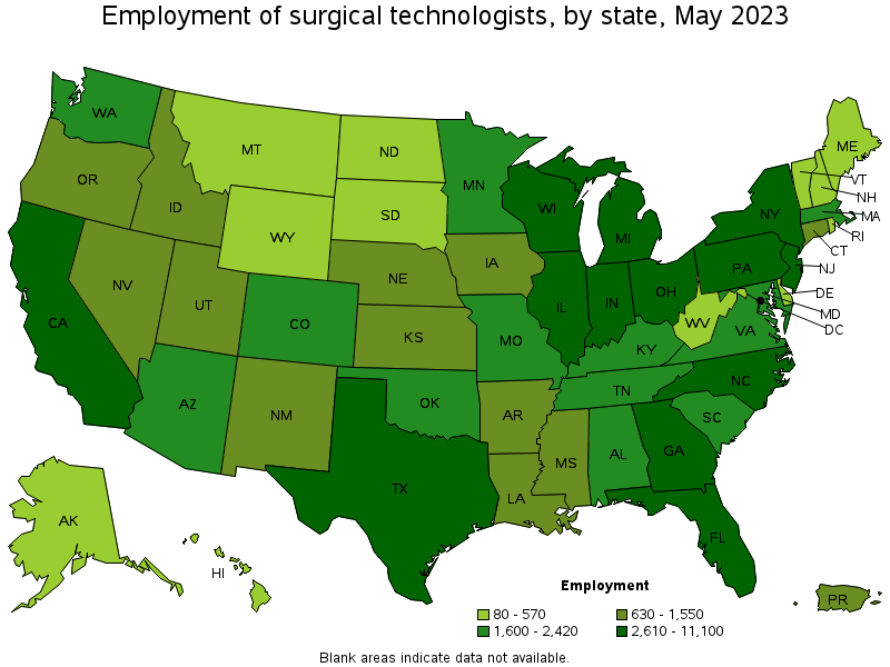 Map of employment of surgical technologists by state, May 2021