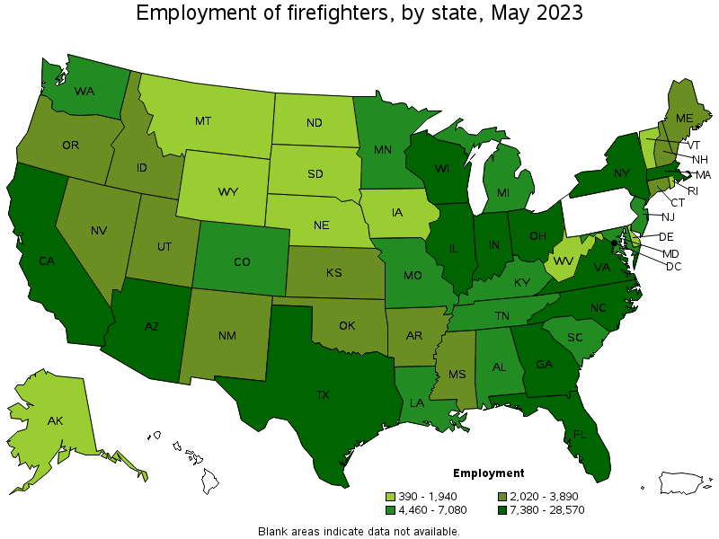 Map of employment of firefighters by state, May 2021