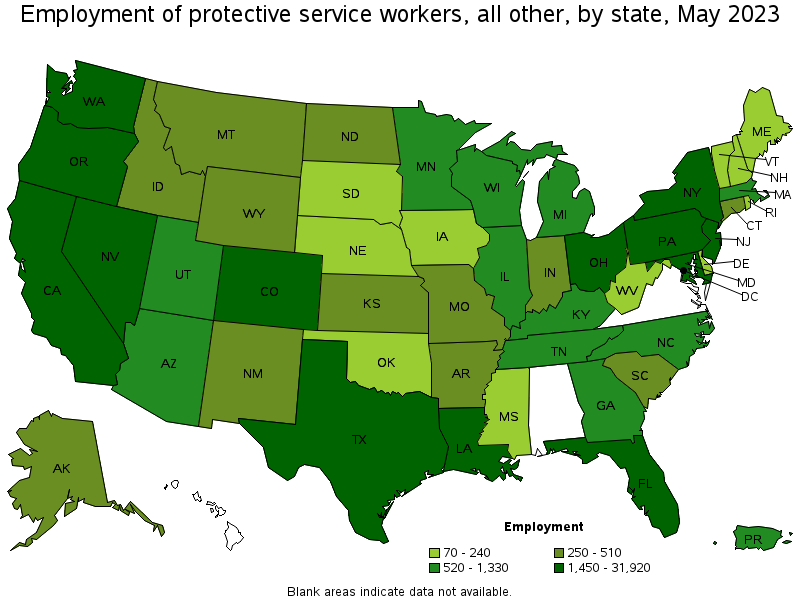 Map of employment of protective service workers, all other by state, May 2021
