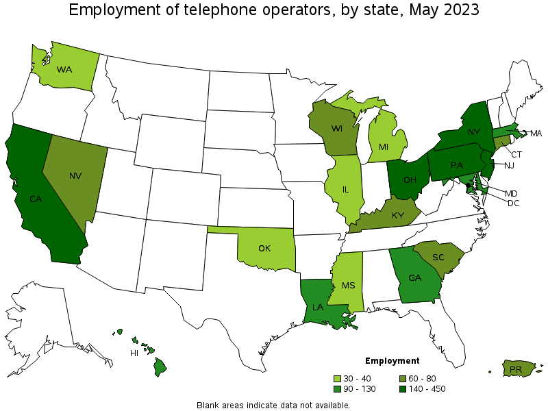 Map of employment of telephone operators by state, May 2021