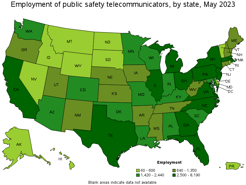 Map of employment of public safety telecommunicators by state, May 2021