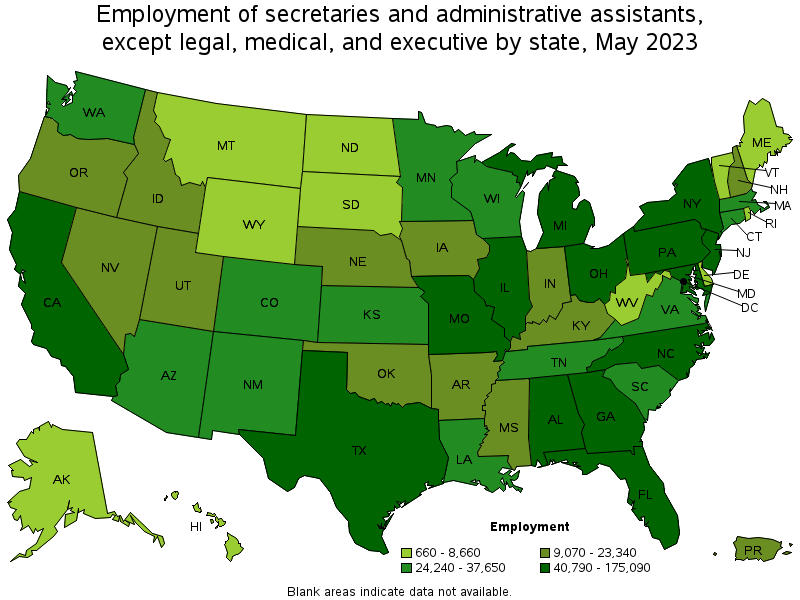 Map of employment of secretaries and administrative assistants, except legal, medical, and executive by state, May 2022