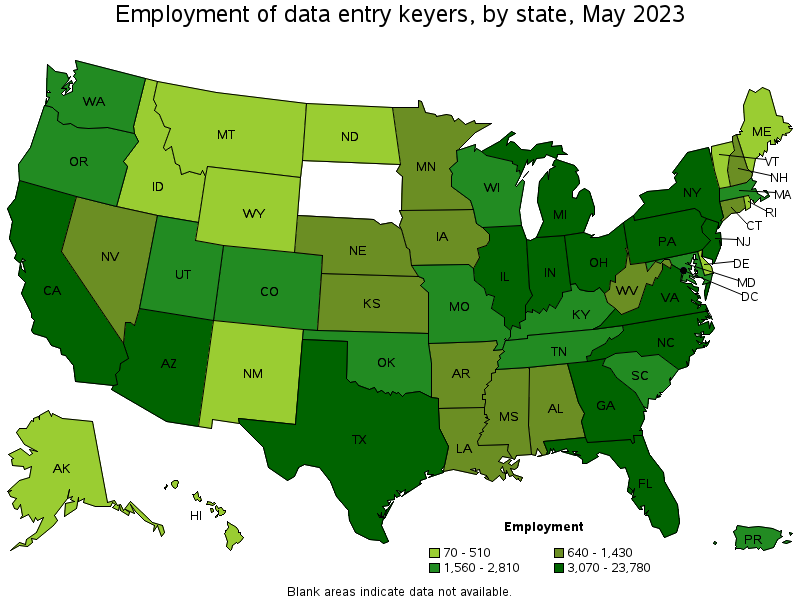 Map of employment of data entry keyers by state, May 2022