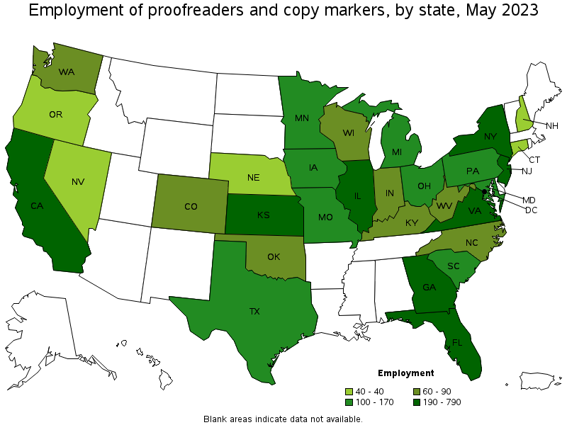 Map of employment of proofreaders and copy markers by state, May 2022