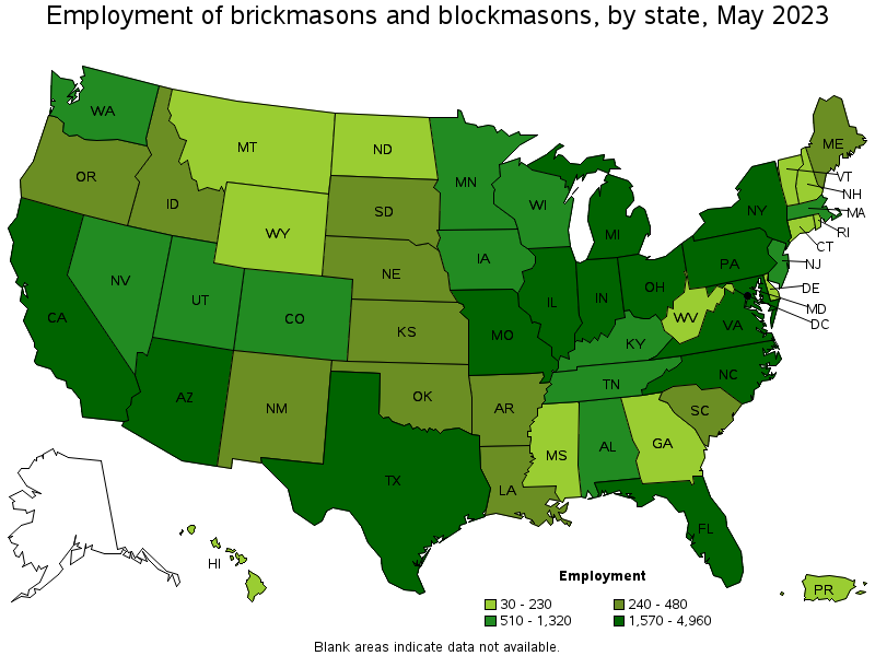 Map of employment of brickmasons and blockmasons by state, May 2021