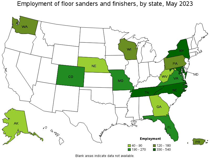 Map of employment of floor sanders and finishers by state, May 2021