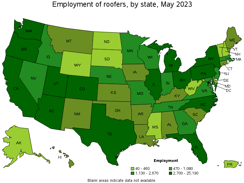 Map of employment of roofers by state, May 2022