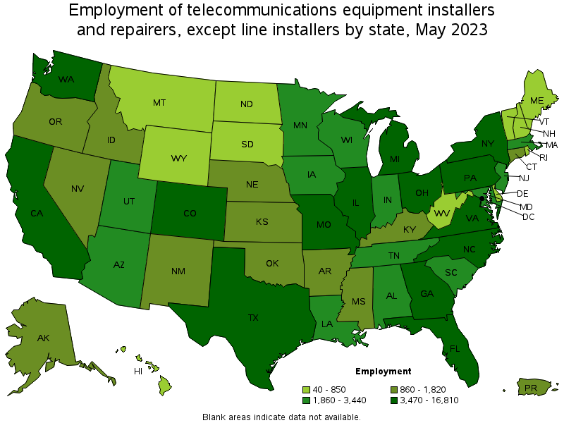Map of employment of telecommunications equipment installers and repairers, except line installers by state, May 2021