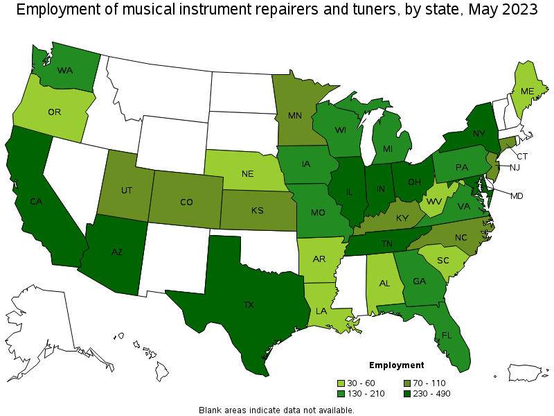Map of employment of musical instrument repairers and tuners by state, May 2022