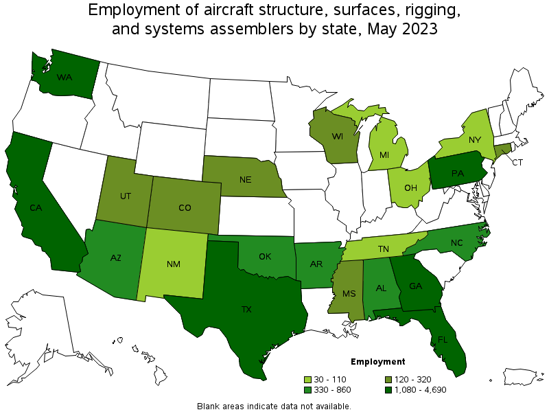 Map of employment of aircraft structure, surfaces, rigging, and systems assemblers by state, May 2021