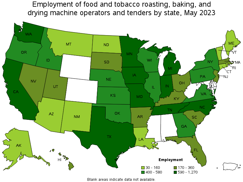 Map of employment of food and tobacco roasting, baking, and drying machine operators and tenders by state, May 2021