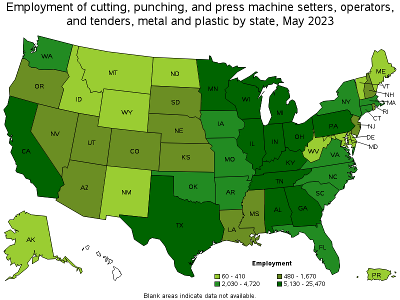Map of employment of cutting, punching, and press machine setters, operators, and tenders, metal and plastic by state, May 2021