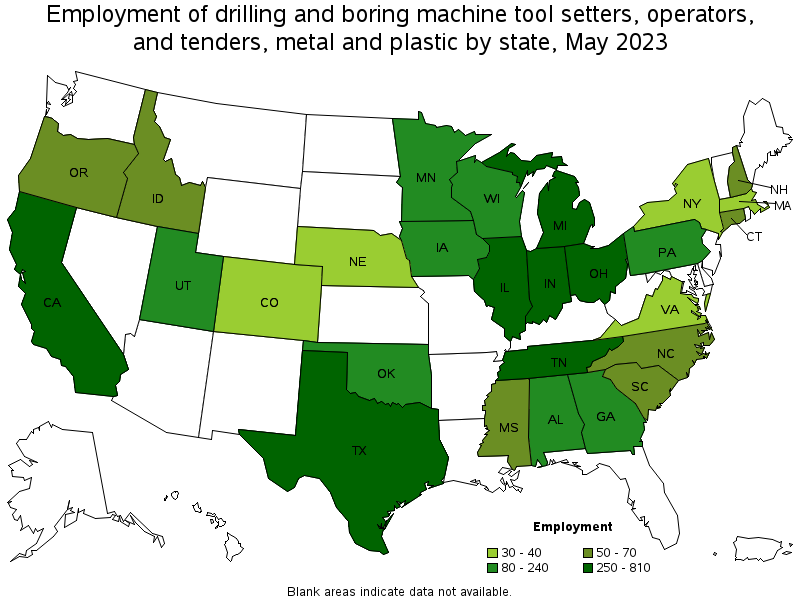 Map of employment of drilling and boring machine tool setters, operators, and tenders, metal and plastic by state, May 2021
