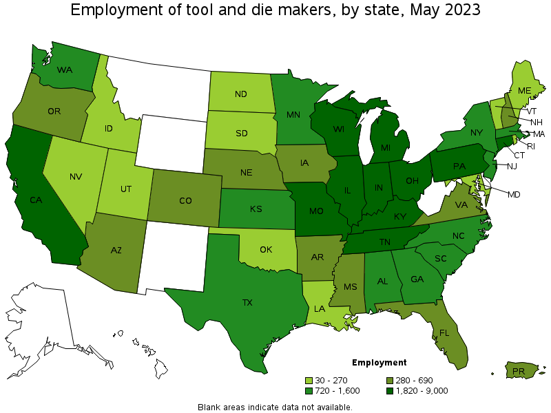 Map of employment of tool and die makers by state, May 2022