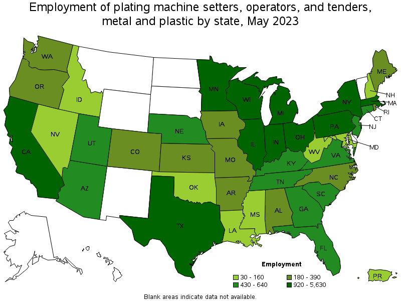 Map of employment of plating machine setters, operators, and tenders, metal and plastic by state, May 2021