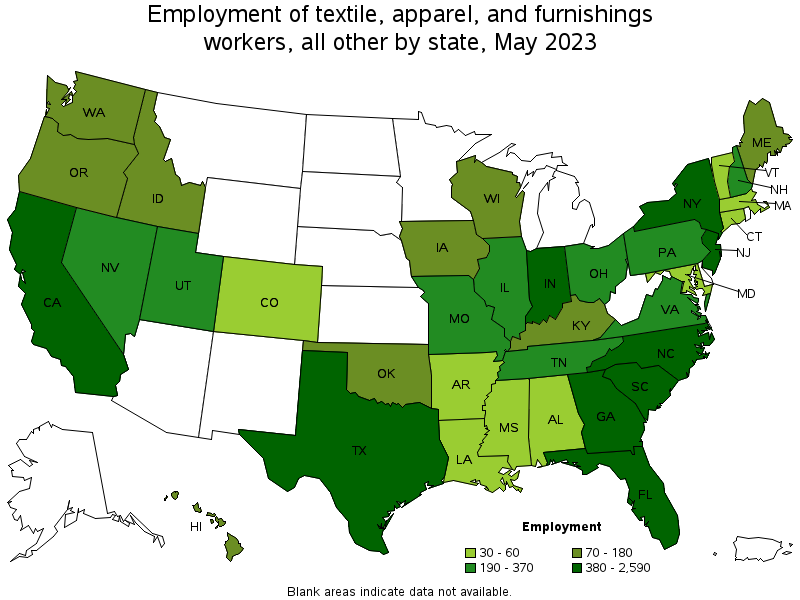 Map of employment of textile, apparel, and furnishings workers, all other by state, May 2022