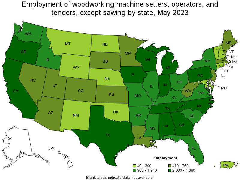 Map of employment of woodworking machine setters, operators, and tenders, except sawing by state, May 2021