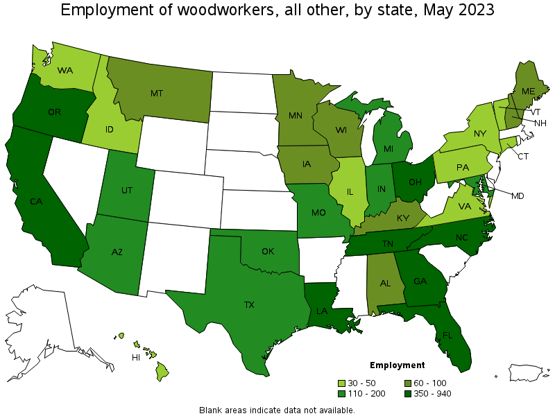 Map of employment of woodworkers, all other by state, May 2022