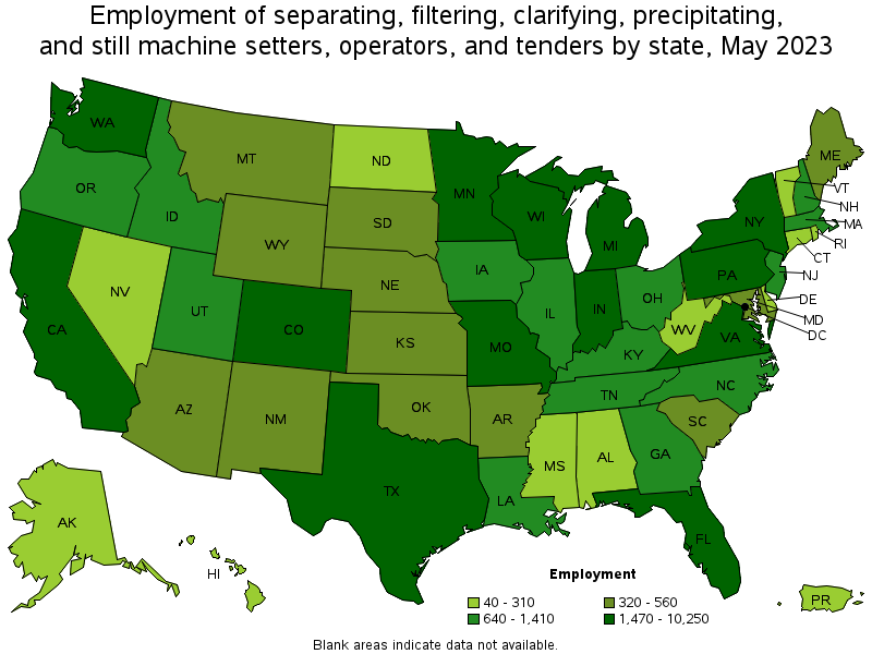 Map of employment of separating, filtering, clarifying, precipitating, and still machine setters, operators, and tenders by state, May 2021