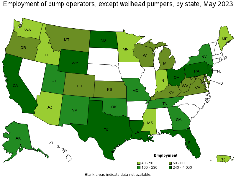 Map of employment of pump operators, except wellhead pumpers by state, May 2021