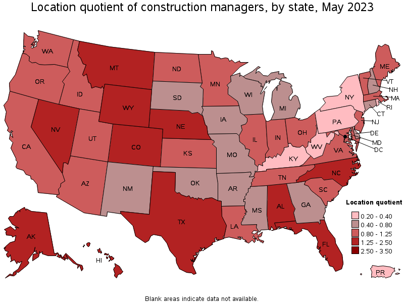 Map of location quotient of construction managers by state, May 2021