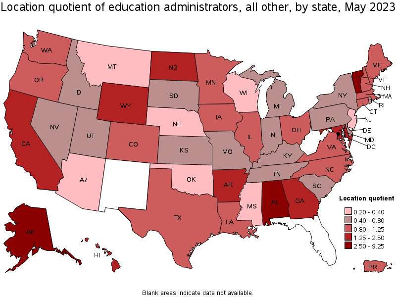 Map of location quotient of education administrators, all other by state, May 2022