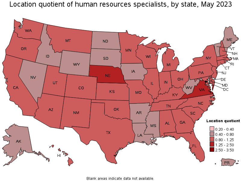 Map of location quotient of human resources specialists by state, May 2021