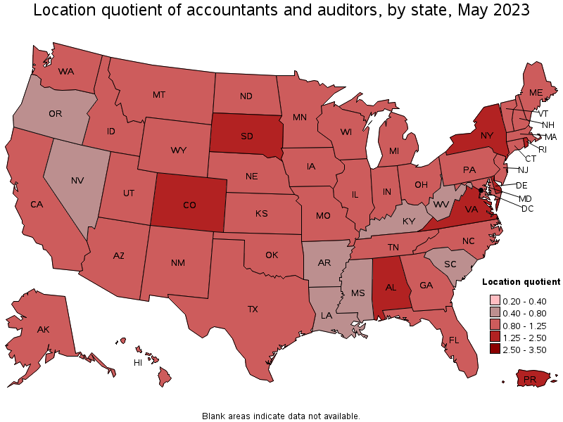 Location Quotient of Accountants and Auditors, by state, May 2020