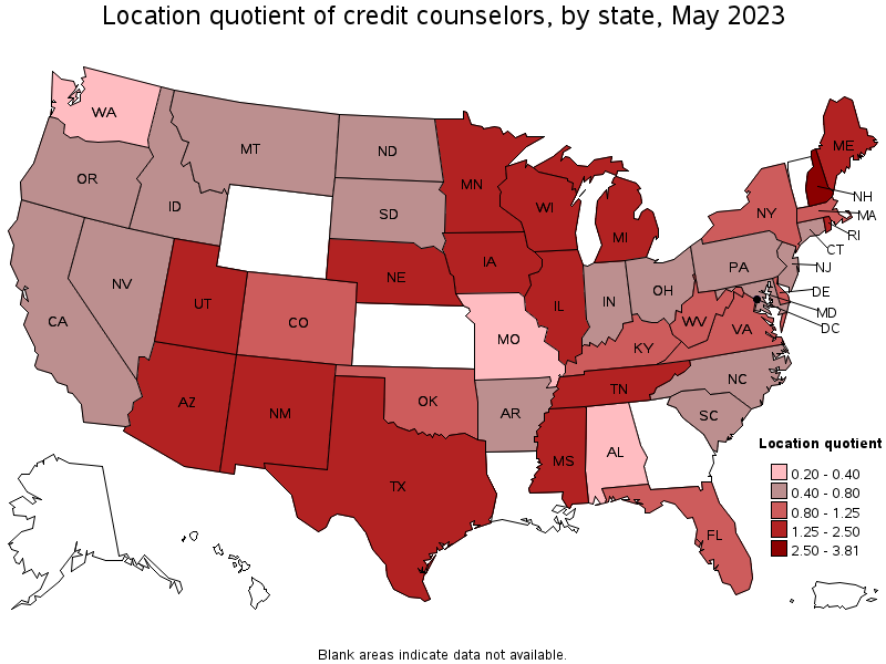 Map of location quotient of credit counselors by state, May 2021