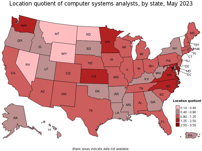 Map of location quotient of computer systems analysts by state, May 2021