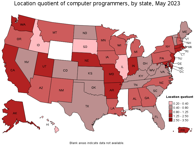 Map of location quotient of computer programmers by state, May 2022