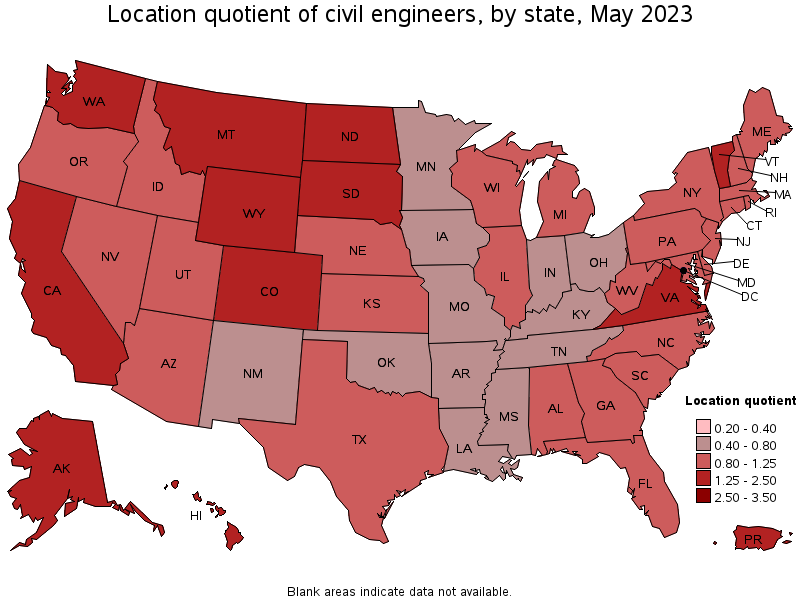 Map of location quotient of civil engineers by state, May 2021