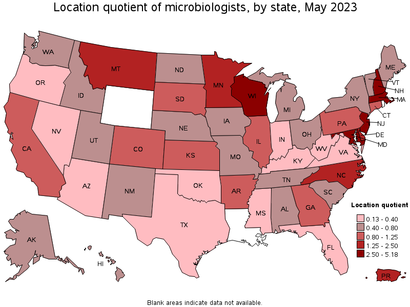 Map of location quotient of microbiologists by state, May 2022