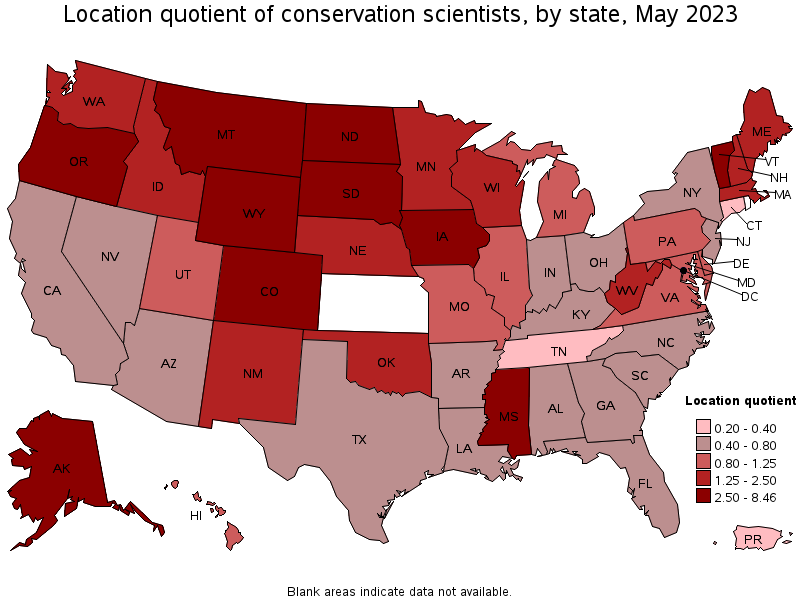 Map of location quotient of conservation scientists by state, May 2021