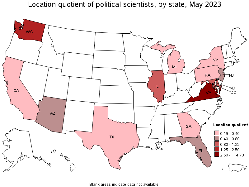 Map of location quotient of political scientists by state, May 2021
