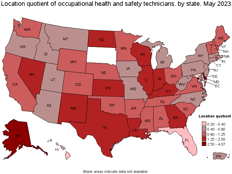 Map of location quotient of occupational health and safety technicians by state, May 2022