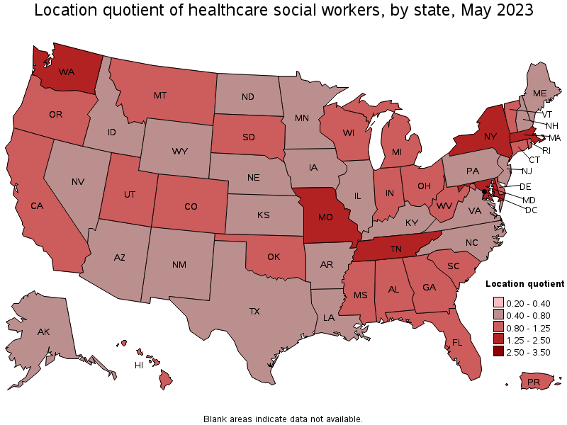 Map of location quotient of healthcare social workers by state, May 2022