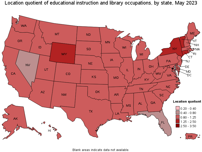 Map of location quotient of educational instruction and library occupations by state, May 2022