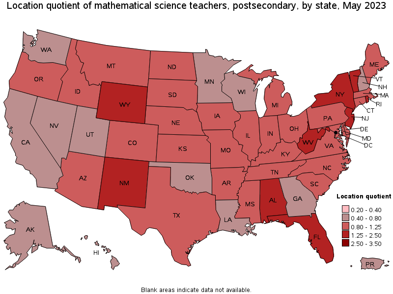 Map of location quotient of mathematical science teachers, postsecondary by state, May 2022