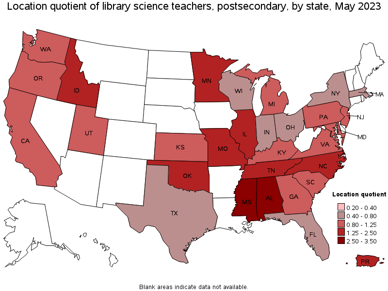 Map of location quotient of library science teachers, postsecondary by state, May 2021