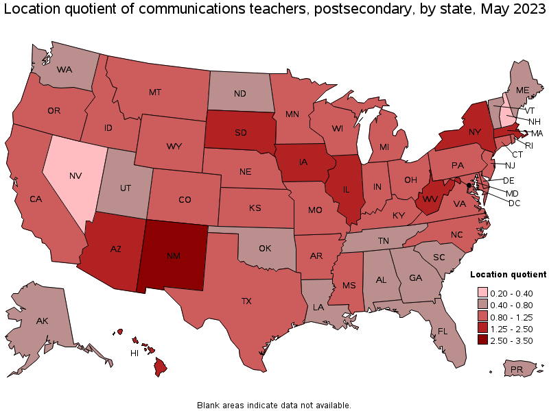 Map of location quotient of communications teachers, postsecondary by state, May 2022