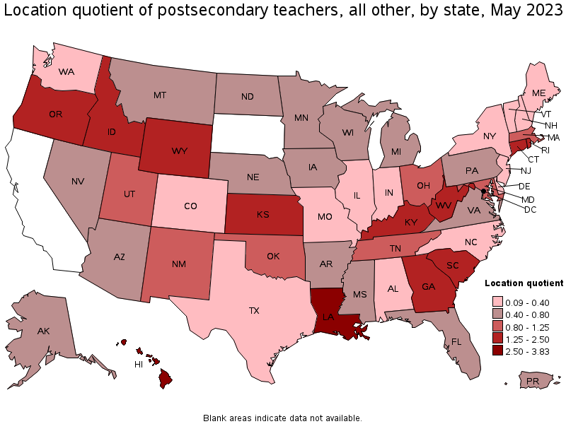 Map of location quotient of postsecondary teachers, all other by state, May 2022