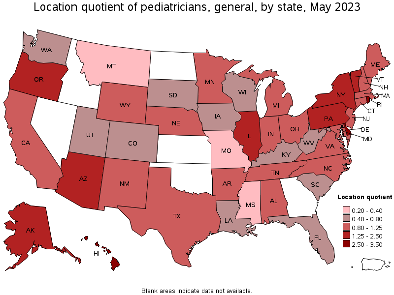 Map of location quotient of pediatricians, general by state, May 2022