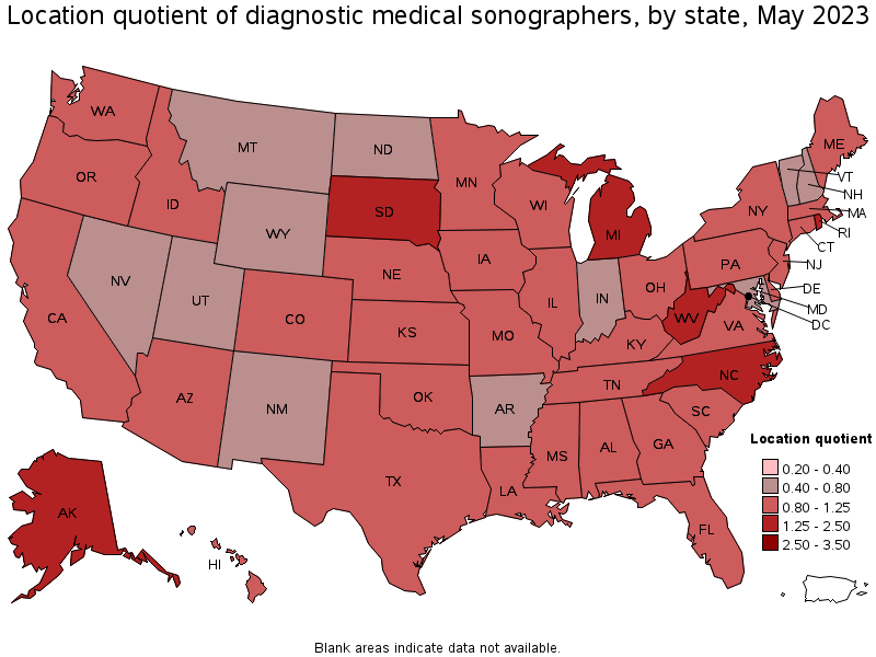 Map of location quotient of diagnostic medical sonographers by state, May 2022