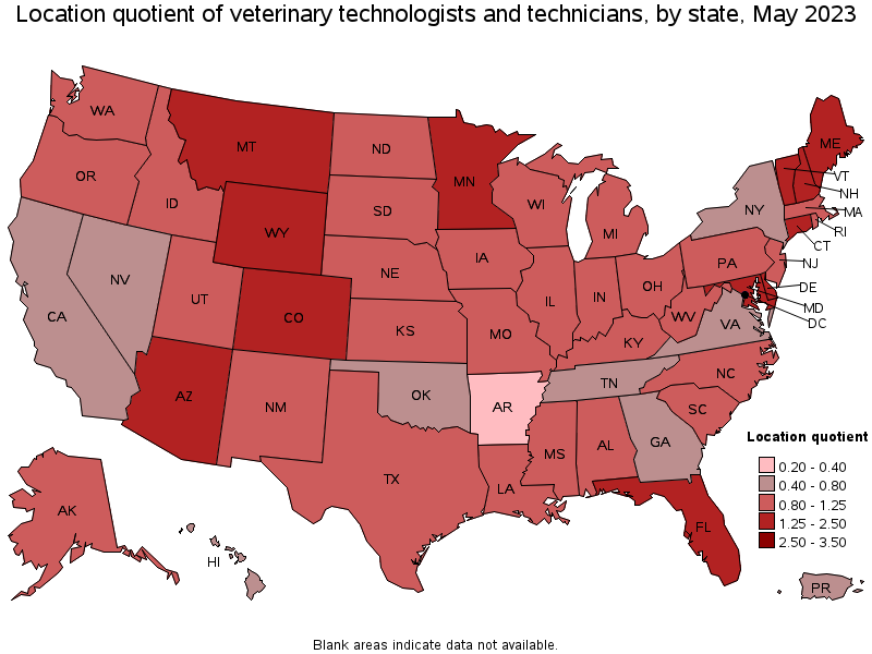 Map of location quotient of veterinary technologists and technicians by state, May 2021