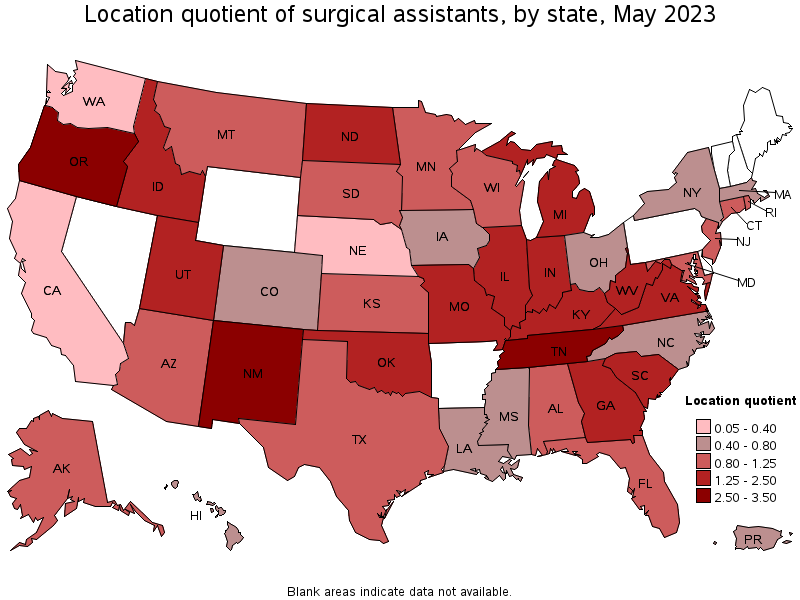 Map of location quotient of surgical assistants by state, May 2022