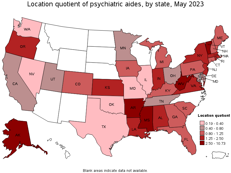Map of location quotient of psychiatric aides by state, May 2021