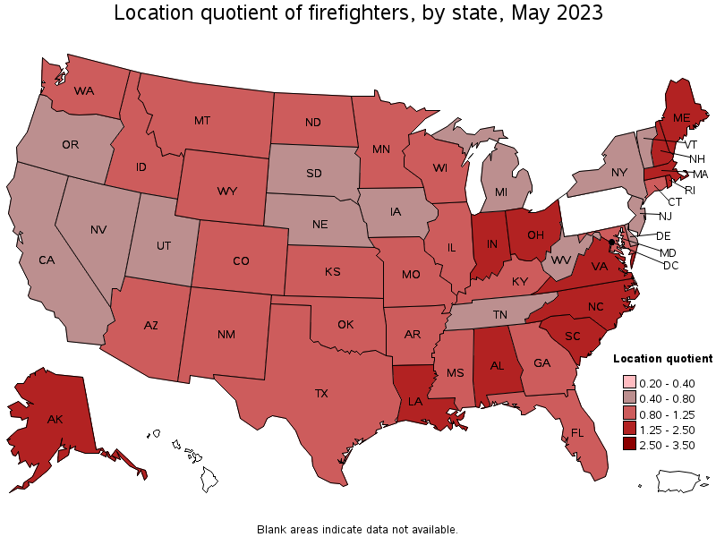 Map of location quotient of firefighters by state, May 2022