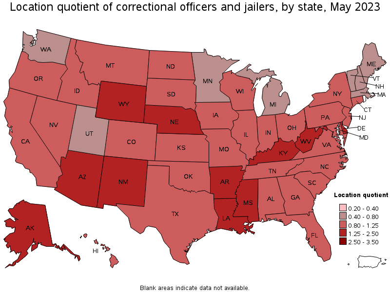 Map of location quotient of correctional officers and jailers by state, May 2022